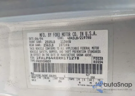 1994 Ford Thunderbird Super Coupe z USA, uszkodzony, nr VIN 1FALP64R8RH171278